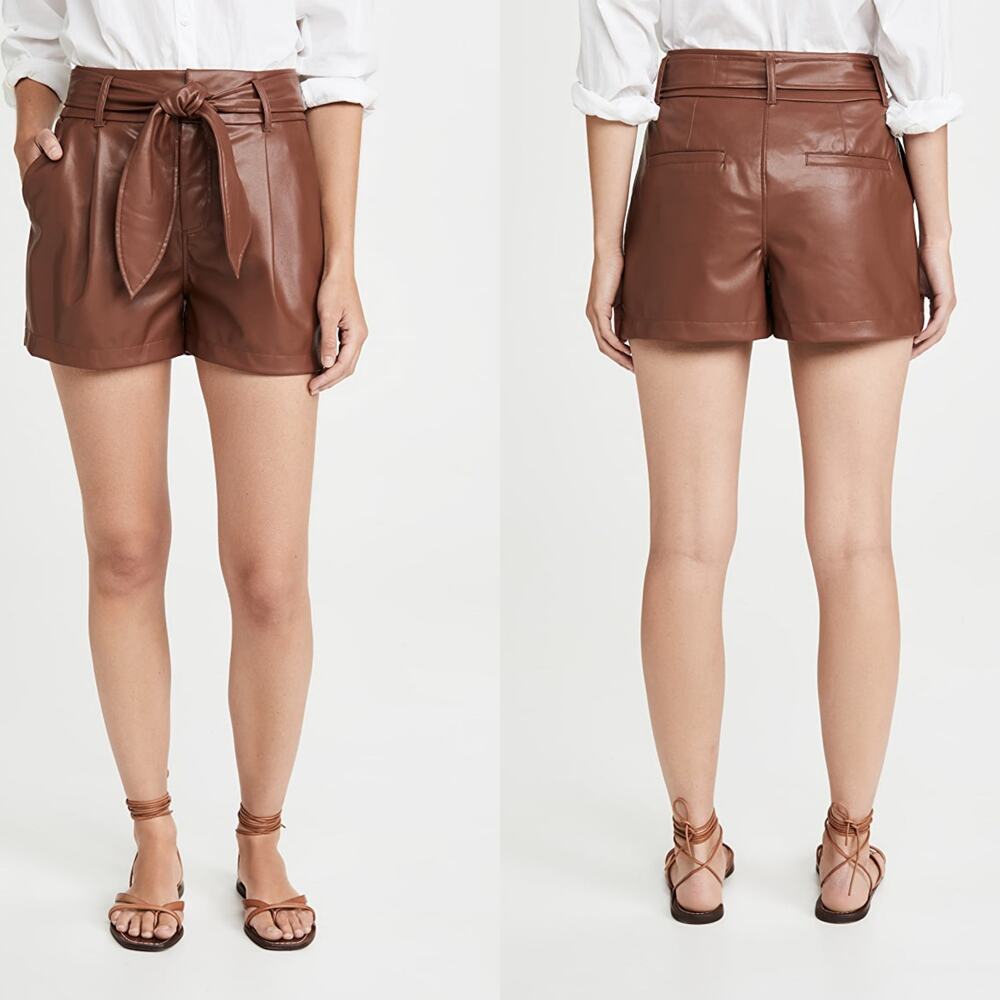 David Lerner Shorts Faux Leather Bow Belted NWT Lexi Cognac Brown 8 High Waist